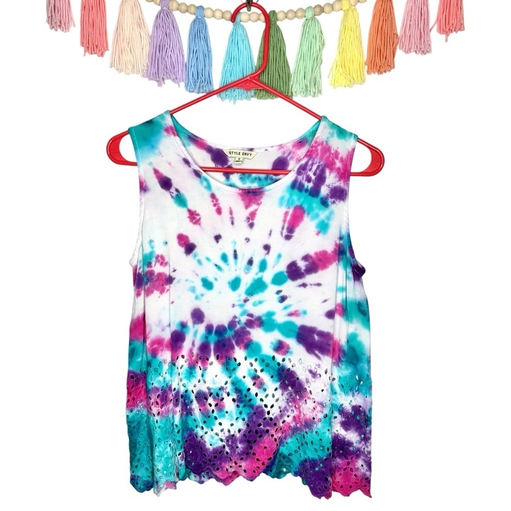 Style Envy Colorful Hand Tie-Dye Lazer Cut Tank Top Size Small